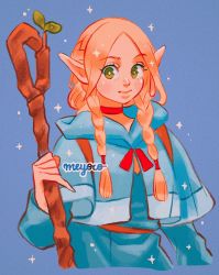 Rule 34 | 1girl, artist name, blue background, blush, braid, bright pupils, choker, dungeon meshi, green eyes, highres, holding, holding staff, hood, hood down, leaf, long hair, marcille donato, meyoco, pointy ears, simple background, solo, sparkle, staff, twin braids, upper body, white pupils
