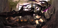 Rule 34 | 10s, 1girl, armor, belt, belt skirt, black hair, black rock shooter, boots, chain, denki, fire, gauntlets, glowing, glowing eyes, greaves, highres, huge weapon, insane black rock shooter, long hair, midriff, navel, post-apocalypse, purple eyes, ruins, scar, scenery, shorts, solo, stitches, sword, twintails, weapon