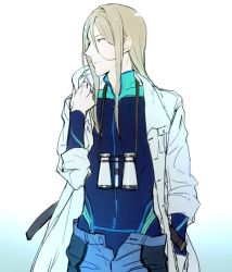 Rule 34 | 10s, 1boy, binoculars, blonde hair, blue eyes, bodysuit, coat, diving suit, egawa satsuki, gradient background, idolmaster, idolmaster side-m, koron chris, lab coat, long hair, looking to the side, male focus, open clothes, open coat, smile, solo, unbuttoned, unzipped, upper body, wetsuit