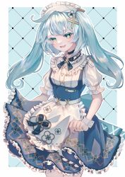 Rule 34 | 1girl, absurdres, alternate costume, apron, aqua background, aqua hair, black bow, black bowtie, black choker, blue skirt, blush, border, bow, bowtie, bright pupils, brooch, buttons, choker, colored eyelashes, commentary request, cowboy shot, enmaided, eyelashes, faruzan (cafe) (genshin impact), faruzan (genshin impact), flower, frilled apron, frilled shirt collar, frilled skirt, frilled sleeves, frills, genshin impact, green eyes, hair between eyes, hair flower, hair ornament, high-waist skirt, highres, jewelry, long hair, looking at viewer, maid, maid headdress, official alternate costume, open mouth, outline, outside border, puffy short sleeves, puffy sleeves, sakura11587158, shirt, short sleeves, sidelocks, simple background, skirt, skirt hold, smile, solo, standing, suspender skirt, suspenders, symbol-shaped pupils, triangle-shaped pupils, twintails, waist apron, white apron, white border, white flower, white outline, white pupils, white shirt, wrist cuffs, x hair ornament