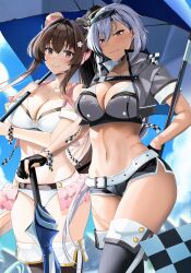 Rule 34 | 2girls, absurdres, alternate costume, boots, breasts, brown eyes, brown hair, cleavage, cropped jacket, dark-skinned female, dark skin, flag, flower, gloves, grey hair, hair between eyes, hair flower, hair ornament, highres, holding, holding flag, jacket, kantai collection, large breasts, long hair, looking at viewer, multiple girls, musashi (kancolle), navel, ponytail, race queen, red eyes, smile, thigh boots, two side up, umbrella, very long hair, yamato (kancolle), yunamaro