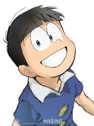 Rule 34 | 1boy, black hair, blue eyes, blue shirt, blunt bangs, buttons, child, collared shirt, grin, highres, looking at viewer, male focus, matsuno osomatsu, osomatsu-kun, osomatsu (series), shirt, simple background, smile, t-madoma, twitter username, white background, wing collar