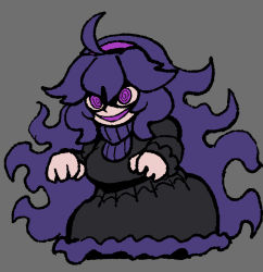 Rule 34 | 1girl, @ @, ahoge, black background, black dress, breasts, chibi, creatures (company), dress, flat color, game freak, gipehtyboo, hairband, hex maniac (pokemon), large breasts, long hair, long sleeves, matching hair/eyes, messy hair, nintendo, open mouth, pokemon, pokemon xy, purple eyes, purple hair, simple background, smile, solo, very long hair