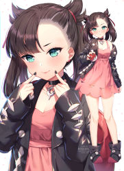 Rule 34 | 1girl, aqua eyes, artist name, asymmetrical bangs, black choker, black footwear, black hair, black jacket, black nails, blush, boots, breasts, choker, closed mouth, commentary request, creatures (company), dress, fingernails, fingersmile, game freak, hair ribbon, hands up, highres, holding, holding poke ball, jacket, long sleeves, looking at viewer, marnie (pokemon), multiple views, nail polish, nintendo, off shoulder, open clothes, open jacket, pigeon-toed, pink dress, poke ball, poke ball (basic), pokemon, pokemon swsh, red ribbon, ribbon, rosuuri, simple background, sleeveless, sleeveless dress, sleeves past wrists, small breasts, smile, standing, twintails, watermark, web address, white background