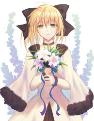 Rule 34 | 1girl, ahoge, artoria pendragon (fate), blonde hair, blue ribbon, bouquet, capelet, collarbone, dress, fate/unlimited codes, fate (series), flower, fur trim, green eyes, hair between eyes, highres, holding, holding bouquet, jewelry, light smile, lily (flower), long hair, looking at viewer, necklace, ribbon, saber lily, solo, standing, white capelet, white dress, white flower, xing muhen