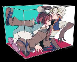 Rule 34 | 1boy, 1girl, akaba rei, ass, blue dress, boots, box, brown eyes, brown footwear, brown gloves, brown hair, dress, full body, gloves, green hair, highres, in box, in container, jacket, long hair, looking at viewer, looking back, looking up, multicolored hair, short hair, spiked hair, tasutekete, twintails, two-tone hair, white hair, white jacket, yu-gi-oh!, yu-gi-oh! arc-v, zarc