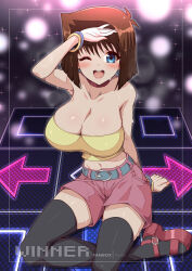 Rule 34 | 1girl, bare shoulders, black background, black thighhighs, blue eyes, blurry, blurry background, bracelet, breasts, brown hair, choker, cleavage, collarbone, dance dance revolution, jewelry, kneeling, large breasts, mazaki anzu, midriff, navel, one eye closed, open mouth, pink shorts, platform footwear, short hair, shorts, sitting, sleeveless, smile, solo, strapless, sweat, thighhighs, tube top, virus-g, yellow tube top, yu-gi-oh!, yu-gi-oh! duel monsters, zettai ryouiki
