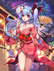 1girl :d bag bare_shoulders black_bow blue_eyes blue_hair blue_nails bow breasts cleavage collarbone cowboy_shot detached_collar female_focus festival fireworks fish floral_print flower folding_fan fox_mask goldfish hair_bow hand_fan highres japanese_clothes kimono kyundoo large_breasts long_hair looking_at_viewer mask nail_polish obi open_mouth original print_kimono red_bow red_kimono sash side_ponytail smile solo