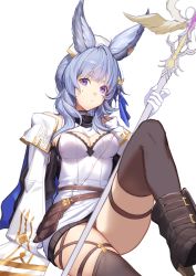Rule 34 | 1girl, animal ears, belt, blue hair, breasts, center opening, dress, erune, gloves, granblue fantasy, hair ornament, holding, holding staff, jacket, knee up, long hair, looking at viewer, medium breasts, pouch, purple eyes, sitting, solo, staff, thigh strap, thighhighs, thighs, tikoh, white dress, white gloves, white jacket, ya99ru