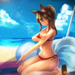Rule 34 | 1girl, ahri (league of legends), animal ears, ball, beachball, bikini, breasts, brown eyes, brown hair, cleavage, curvy, facial mark, female focus, fox ears, fox tail, large breasts, league of legends, long hair, looking at viewer, mizoreame, multiple tails, navel, one eye closed, ponytail, side-tie bikini bottom, sitting, smile, solo, swimsuit, tail, umbrella, wariza, wide hips