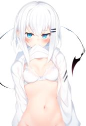 Rule 34 | 1girl, blue eyes, bra, clothes lift, demon tail, groin, highres, jacket, jacket lift, lifted by self, long sleeves, looking at viewer, mouth hold, navel, original, otokuyou, ringo-chan (otokuyou), short hair, simple background, solo, stomach, tail, underwear, white background, white bra, white hair, white jacket