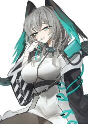 Rule 34 | 1girl, aqua eyes, arknights, between breasts, black pantyhose, breasts, coat, cowboy shot, dress, feathered wings, fingerless gloves, gloves, grey hair, hair between eyes, head wings, highres, ho&#039;olheyak (arknights), infection monitor (arknights), large breasts, long sleeves, looking at viewer, nail polish, open clothes, pantyhose, parted lips, pencil dress, shino duka, sidelocks, simple background, sitting, smile, snake tail, solo, strap between breasts, tail, white dress, white gloves, wings