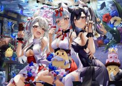 Rule 34 | &gt; &lt;, 3girls, animal ear fluff, animal ears, anniversary, azur lane, bare shoulders, bird, black dress, black hair, black nails, bouquet, bug, butterfly, cake, candle, chick, claw pose, dress, fang, flower, food, fork, green nails, hair ribbon, hands up, highres, holding, holding fork, insect, licking lips, long hair, looking at viewer, manjuu (azur lane), multiple girls, nail polish, official alternate costume, red dress, red eyes, red nails, red ribbon, ribbon, shigure (azur lane), shigure (the ballroom&#039;s lucky star) (azur lane), tail, tongue, tongue out, werewolf kg, white dress, white hair, white ribbon, yukikaze (azur lane), yukikaze (winter&#039;s snowy wind) (azur lane), yuudachi (azur lane), yuudachi (carnivore carnival!) (azur lane)