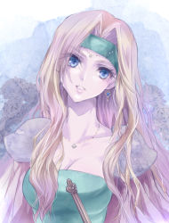 Rule 34 | 1girl, akehata hikari, blonde hair, blue eyes, breasts, cape, celes chere, circlet, cleavage, collarbone, earrings, eyebrows, eyelashes, eyes visible through hair, facing viewer, final fantasy, final fantasy vi, floral background, flower, gem, green leotard, hair intakes, head tilt, headband, jewelry, large breasts, leotard, lips, long hair, looking at viewer, necklace, open mouth, pink lips, rose, shoulder pads, solo, strapless, strapless leotard, sword, upper body, very long hair, wavy hair, weapon