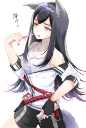 Rule 34 | 1girl, :q, amexame, animal ears, arknights, bare shoulders, belt, black gloves, black hair, black shorts, breasts, commentary request, cowboy shot, fingerless gloves, food, gloves, grey tank top, hand up, highres, holding, holding food, jacket, long hair, medium breasts, off shoulder, red belt, shorts, simple background, single glove, solo, sweat, tank top, texas (arknights), tongue, tongue out, translated, white background, white jacket, wolf ears, yellow eyes