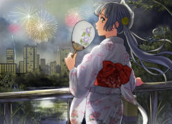 Rule 34 | 1girl, arm support, bad id, bad pixiv id, bag, blue hair, brown eyes, city, city lights, dark, hand fan, fireworks, floral print, flower, fox mask, from behind, hair flower, hair ornament, handbag, japanese clothes, kimono, looking at viewer, looking back, looking to the side, mask, mask on head, night, obi, original, paper fan, ponytail, profile, railing, reflection, river, sash, sky, smile, solo, tree, twintails, uchiwa, water, wind, yoropa, yukata