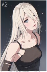Rule 34 | 1girl, android, bare shoulders, black gloves, blue eyes, breasts, character name, closed mouth, collarbone, commentary, d.k, elbow gloves, eyelashes, gloves, gradient background, hair between eyes, light blush, lips, long hair, looking at viewer, mole, mole under mouth, nier:automata, nier (series), small breasts, solo, symbol-only commentary, upper body, white hair, a2 (nier:automata)