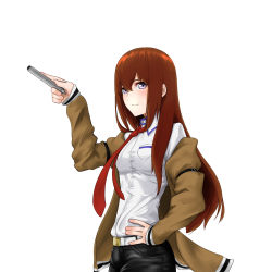 Rule 34 | 1girl, arm up, belt, belt buckle, black pants, blush, breasts, brown hair, buckle, closed mouth, collar, collared shirt, commentary request, eyebrows hidden by hair, from side, grey eyes, hair between eyes, hand on own hip, highres, holding, holding marker, jacket, keisanmisu30, long hair, long sleeves, looking at viewer, makise kurisu, marker, medium breasts, necktie, neckwear request, pants, pocket, red necktie, shirt, simple background, smile, solo, standing, steins;gate, upper body, white background, white shirt