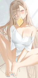 Rule 34 | 1girl, asuna (blue archive), blue archive, blue eyes, breasts, cleavage, haruri, highres, large breasts, light brown hair, looking at viewer, mouth hold, shirt, solo, white shirt