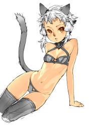 Rule 34 | 00s, 1girl, animal ears, arm support, bare shoulders, black thighhighs, branch (blackrabbits), breasts, brown eyes, cat ears, cat girl, cat tail, cleavage, final fantasy, final fantasy xi, midriff, mithra (ff11), navel, open mouth, short hair, silver hair, simple background, sitting, small breasts, solo, tail, thighhighs, twintails, white background