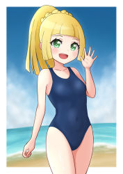 Rule 34 | 1girl, :d, alternate costume, bare arms, blonde hair, blush, border, breasts, collarbone, commentary request, covered navel, creatures (company), day, eyelashes, game freak, green eyes, hand up, highres, lillie (pokemon), long hair, looking at viewer, nintendo, one-piece swimsuit, open mouth, outdoors, outside border, pokemon, pokemon sm, ponytail, ppmmkoko360, sand, school swimsuit, shiny skin, shore, sky, small breasts, smile, solo, swimsuit, teeth, tongue, upper teeth only, water, white border