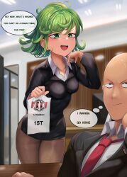Rule 34 | 1boy, 1girl, absurdres, bald, blush, breasts, business suit, formal, green eyes, green hair, highres, one-punch man, paper, rkrk12, saitama (one-punch man), salaryman, small breasts, smile, suit, tatsumaki