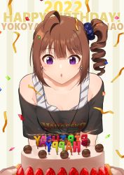 Rule 34 | 1girl, ahoge, text background, blowing, blue scrunchie, brown hair, character name, commentary, confetti, dated, drill hair, english text, grey shirt, hair ornament, hair scrunchie, happy birthday, idolmaster, idolmaster million live!, jewelry, kamille (vcx68), leaning forward, looking at viewer, medium hair, necklace, off-shoulder shirt, off shoulder, open mouth, parted lips, pov, print shirt, purple eyes, scrunchie, shirt, shirt straps, short sleeves, side drill, side ponytail, star (symbol), star print, streamers, t-shirt, yokoyama nao