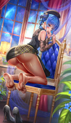 Rule 34 | 1girl, absurdres, ass, blue eyes, blue hair, blush, chair, feet, hat, high heels, highres, hololive, hoshimachi suisei, lipstick, long hair, looking at viewer, makeup, pantyhose, parted lips, pumps, shoes, soles, toes, unworn shoes, virtual youtuber