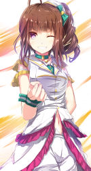 Rule 34 | 10s, 1girl, ahoge, arm behind back, blush, brown hair, collar, commentary request, hair ornament, highres, idolmaster, idolmaster million live!, long hair, looking at viewer, navel, one eye closed, purple eyes, ro risu, scrunchie, side ponytail, smile, solo, wristband, yokoyama nao