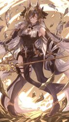 Rule 34 | 1girl, animal ears, asymmetrical footwear, black dress, black footwear, blue hair, boots, breasts, brown background, brown hair, brown horns, closed eyes, closed mouth, cross tie, debris, detached sleeves, dress, extra ears, facing viewer, frilled sleeves, frills, full body, galleon (granblue fantasy), geokinesis, gloves, granblue fantasy, hair between eyes, hand up, high heel boots, high heels, highres, horns, jewelry, knee boots, large breasts, light particles, long hair, multicolored hair, muramitsu (d3jgv), necklace, outstretched arm, pelvic curtain, pointy ears, rock, serious, sleeveless, sleeveless dress, solo, staff, standing, streaked hair, thigh boots, thigh strap, white gloves, white headdress