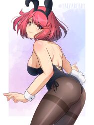 Rule 34 | 1girl, ahoge, alternate costume, ass, bare shoulders, breasts, from behind, highres, large breasts, leaning, leaning forward, leotard, looking at viewer, pantyhose, playboy bunny, pyra (xenoblade), rabbit ears, rabbit tail, red eyes, red hair, short hair, sideboob, smile, solo, tail, wrist cuffs, xenoblade chronicles (series), xenoblade chronicles 2, yaizaberry