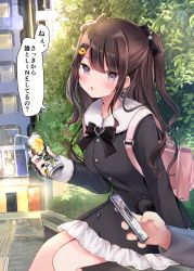 Rule 34 | 1boy, 1girl, backpack, bag, bendy straw, black bow, black dress, black nails, blush, bow, brown hair, can, cellphone, collared dress, commentary request, crushed can, day, dress, drinking straw, earrings, emoji, frilled dress, frills, hair bow, hair ornament, hairclip, highres, holding, holding can, holding phone, jewelry, long hair, long sleeves, looking at viewer, masayo (gin no ame), nail polish, original, outdoors, parted lips, phone, pleading face emoji, purple eyes, sitting, solo focus, translation request, two side up