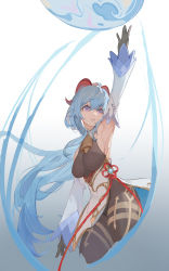 Rule 34 | 1girl, absurdres, ahoge, arm up, armpits, bell, black gloves, black legwear, blue hair, bodystocking, breasts, cropped legs, detached sleeves, flower knot, ganyu (genshin impact), genshin impact, gloves, gradient background, grey background, highres, horns, kuweichuanxin jr, large breasts, long hair, long sleeves, neck bell, orb, parted lips, purple eyes, red ribbon, ribbon, solo, very long hair, vision (genshin impact)