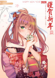 Rule 34 | 1girl, 2020, animal, blush, bow, bra, breasts, brown hair, cleavage, commentary, dated, doki doki literature club, green eyes, hair bow, hair intakes, hair ornament, hamster, happy new year, holding, holding animal, japanese clothes, kevn, kimono, long hair, looking at viewer, monika (doki doki literature club), nengajou, new year, one eye closed, seigaiha, solo, translation request, underwear