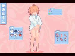 Rule 34 | 1girl, ahoge, animated, animated gif, blush, bottomless, breath, cleft of venus, clothes lift, drawstring, fake screenshot, female orgasm, full body, hair over eyes, health bar, heart, heavy breathing, highres, hood, hoodie, hoodie lift, icon (computing), letterboxed, lifting own clothes, medium hair, naked hoodie, navel, object insertion, orgasm, original, panties, pink background, pink hair, pixel art, pussy, sex toy, skirt, solo, sotie, standing, tape, underwear, user interface, vaginal, vaginal object insertion, vibrator, vibrator cord, white hoodie