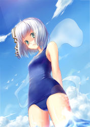 Rule 34 | 1girl, :t, absurdres, aqua eyes, bird, blue one-piece swimsuit, blue sky, blurry, blush, cameltoe, cloud, collarbone, cowboy shot, day, depth of field, eyebrows, from below, hair ribbon, highres, konpaku youmu, lens flare, looking at viewer, ocean, old school swimsuit, one-piece swimsuit, outdoors, pout, ribbon, ruochongsang, school swimsuit, shade, sky, solo, standing, swimsuit, touhou, transparent, wading, water, white hair