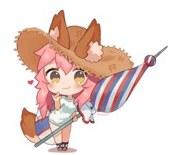 Rule 34 | 1girl, :3, animal ears, beach umbrella, blush, breasts, chibi, ears through headwear, fate/grand order, fate (series), fox ears, fox tail, hat, heart, innertube, looking at viewer, lowres, medium breasts, mochii, parasol, pink hair, pixiv username, shirt, simple background, smile, solo, standing, straw hat, swim ring, t-shirt, tail, tamamo (fate), tamamo no mae (fate/extra), tamamo no mae (swimsuit lancer) (fate), tamamo no mae (swimsuit lancer) (first ascension) (fate), umbrella, white background, yellow eyes