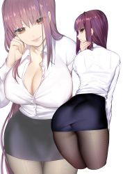 Rule 34 | 1girl, absurdres, ass, breasts, cleavage, dress shirt, fate/grand order, fate (series), hair intakes, highres, large breasts, long sleeves, looking at viewer, looking back, mature female, multiple views, office lady, pantyhose, pencil skirt, purple hair, rahato, red eyes, scathach (fate), see-through, see-through shirt, shirt, simple background, skirt, smile, white background