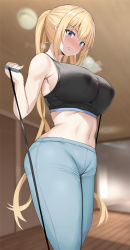 Rule 34 | 1girl, blend s, blonde hair, blue eyes, blush, breast press, breasts, breath, exercising, feet out of frame, female focus, highres, hinata kaho, huge breasts, lactation, lactation through clothes, long hair, navel, noripachi, pants, pulling, solo, steam, sweatpants, tank top