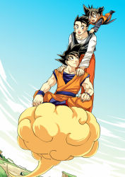 Rule 34 | 3boys, :d, black eyes, black hair, boots, brothers, child, cloud, cloudy sky, commentary, crossed legs, day, dougi, dragon ball, dragonball z, father and son, fingernails, flying, flying nimbus, hands on another&#039;s shoulders, light smile, long sleeves, looking at another, looking back, looking up, male focus, multiple boys, open mouth, outdoors, pants, pinki (shounenkakuseiya), red pants, shaded face, shirt, short hair, siblings, sitting, sky, smile, son gohan, son goku, son goten, spiked hair, standing, waistcoat, white shirt, wristband