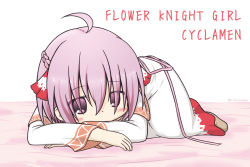 Rule 34 | 1girl, ahoge, bed sheet, blush, braid, character name, commentary request, copyright name, covered mouth, cyclamen (flower knight girl), dress, female focus, flower knight girl, hair between eyes, hair ribbon, long sleeves, looking at viewer, lying, on stomach, pink ribbon, purple eyes, purple hair, ri-net, ribbon, short hair, solo, twitter username, white background, white dress, wide sleeves