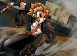 Rule 34 | 1boy, alternate costume, belt, belt buckle, black cardigan, black footwear, black pants, blonde hair, brown belt, brown eyes, buckle, cardigan, closed mouth, collared shirt, dress shirt, dutch angle, holding, holding sword, holding weapon, kimetsu no yaiba, long hair, long sleeves, male focus, multicolored hair, necktie, on one knee, open cardigan, open clothes, pants, red hair, red necktie, rengoku kyoujurou, sayu090200, shirt, signature, solo, spiked hair, sword, two-tone hair, weapon, white shirt, wing collar