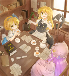 Rule 34 | 3girls, alice margatroid, alice margatroid (pc-98), blonde hair, blue hairband, blue ribbon, book, braid, chair, crescent, cup, dining room, hairband, hat, highres, holding, holding book, holding cup, kirisame marisa, long hair, looking at another, multiple girls, mushroom, one eye closed, patchouli knowledge, purple hair, ribbon, short hair, table, tarumaru, teacup, teapot, touhou, window, witch hat, yellow eyes