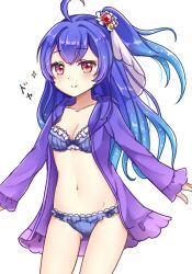Rule 34 | 1girl, ahoge, blue bra, blue hair, blue panties, blush, bra, breasts, cleavage, collarbone, frilled bra, frilled panties, frills, groin, hair ornament, jacket, long hair, long sleeves, medium breasts, navel, noa (shironeko project), open clothes, open jacket, panties, red eyes, shironeko project, simple background, smile, solo, standing, sunameri (pixiv3564245), underwear, white background