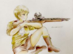 Rule 34 | 1girl, aiming, black footwear, black shorts, boots, brown eyes, brown hair, brown jacket, closed mouth, colored pencil (medium), freckles, girls und panzer, gun, highres, jacket, knee up, military, military uniform, naomi (girls und panzer), q-bee (aaru), rifle, saunders military uniform, scope, shirt, short hair, shorts, sitting, sleeves rolled up, sniper rifle, solo, traditional media, twitter username, uniform, very short hair, weapon, white shirt