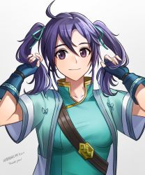 Rule 34 | 1girl, blue gloves, blue kimono, breasts, fingerless gloves, fir (fire emblem), fire emblem, fire emblem: the binding blade, gloves, highres, japanese clothes, kimono, looking at viewer, nintendo, purple eyes, purple hair, small breasts, smile, twintails, voyager bihai