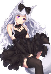 Rule 34 | 1girl, 3:, animal ear fluff, animal ears, bare shoulders, black dress, black thighhighs, blush, breasts, cleavage, commentary request, detached collar, detached sleeves, dress, fox ears, fox tail, frilled dress, frilled thighhighs, frills, garter straps, hair ribbon, highres, long hair, looking at viewer, original, purple eyes, ribbon, sasaame, silver hair, simple background, solo, tail, thighhighs, white background