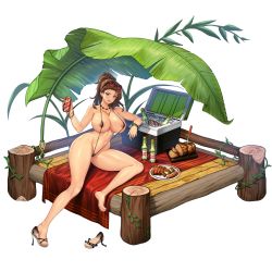 Rule 34 | 1girl, alcohol, areola slip, barefoot, beer, beer can, black one-piece swimsuit, black slingshot swimsuit, blue eyes, blush, breasts, brown hair, c.honey, can, cooler, covered erect nipples, drink can, eyewear on head, feet, food, full body, game cg, highres, huge breasts, ice, last origin, lumberjane (last origin), meat, mole, mole under eye, navel, nipples, official art, one-piece swimsuit, open mouth, palm leaf, picnic, plate, ponytail, sandals, single sandal, sitting, slingshot swimsuit, smile, solo, sunglasses, swimsuit, tachi-e, thighs, towel, transparent background