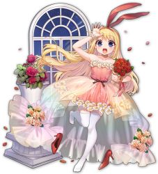 Rule 34 | 1girl, amae koromo, artist request, bare shoulders, blonde hair, blue eyes, bouquet, bracelet, child, daisy, dress, flower, game cg, high heels, holding, holding flower, jewelry, leaf, looking at viewer, mahjong soul, official art, open mouth, petals, pink dress, pink flower, pink rose, plant, red flower, red footwear, red rose, rose, saki (manga), shoes, simple background, strapless, strapless dress, thighhighs, third-party source, transparent background, unworn shoes, window, yostar