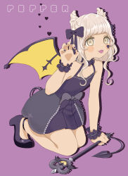Rule 34 | 1girl, absurdres, black dress, black footwear, black nails, blunt bangs, brown eyes, character name, claw pose, demon tail, demon wings, dress, drop shadow, eyelashes, facial mark, full body, hair horns, heart, heart facial mark, highres, holding, holding wand, looking at viewer, mole, mole under mouth, pretty series, pripara, solo, tail, taiyo pepper, tongue, tongue out, uxu uxa axa, wand, white hair, wings, wrist cuffs